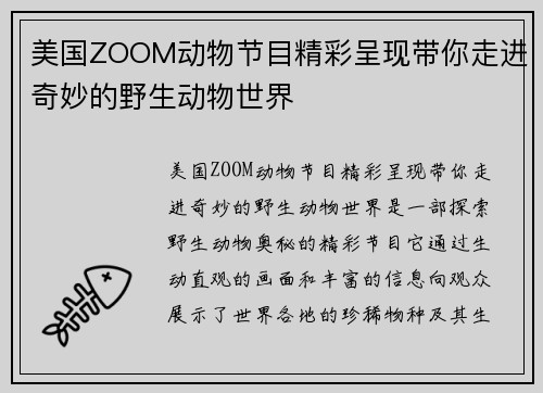 美国ZOOM动物节目精彩呈现带你走进奇妙的野生动物世界